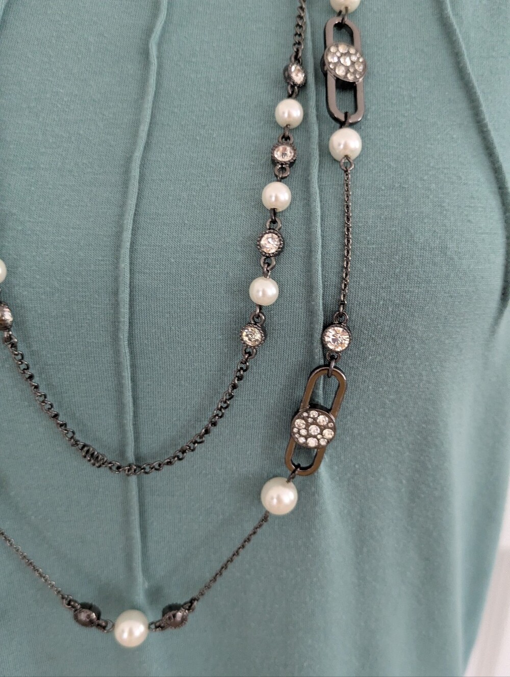 Necklace Set Gunmetal Faux Pearl Crystal Floral 16" & 18" Boho